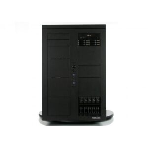 A black computer tower with many buttons on the front.