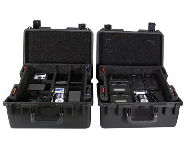 Two black cases with compartments for various electronics.