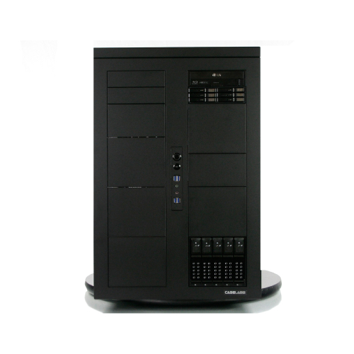 A black computer tower with many buttons on the front.
