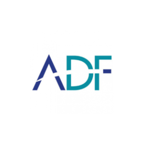 A blue and white logo of adf