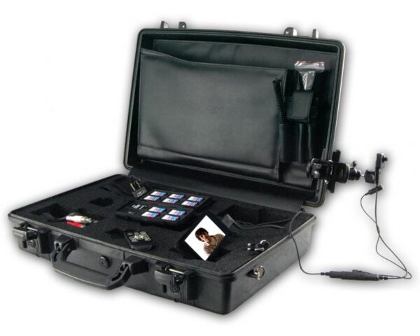 A black briefcase with some electronic equipment inside of it