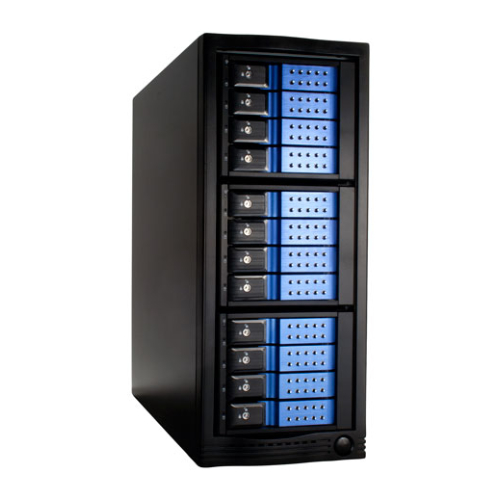 A black and blue server rack with many rows of blue lights.