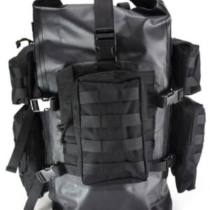 A backpack with many pockets and zippers.
