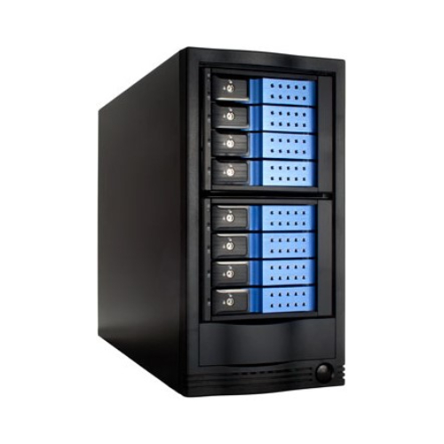 A black computer tower with many blue lights.