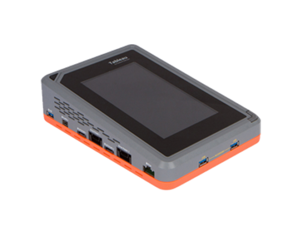 A tablet computer with an orange cover.