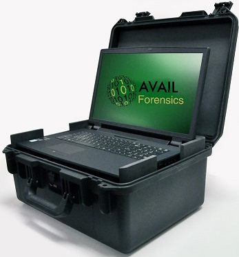 A laptop in an open case with the logo of avail forensics on it.