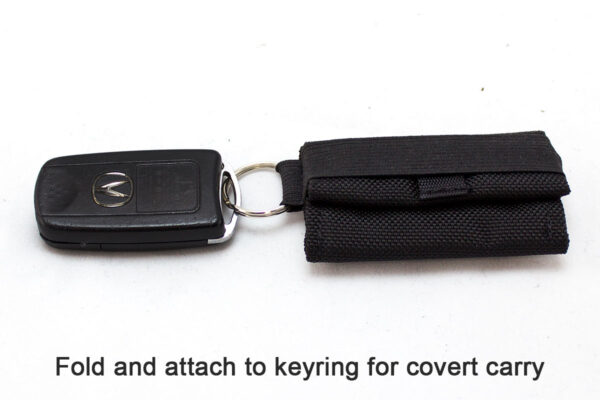 A key chain with a black case and a car remote.