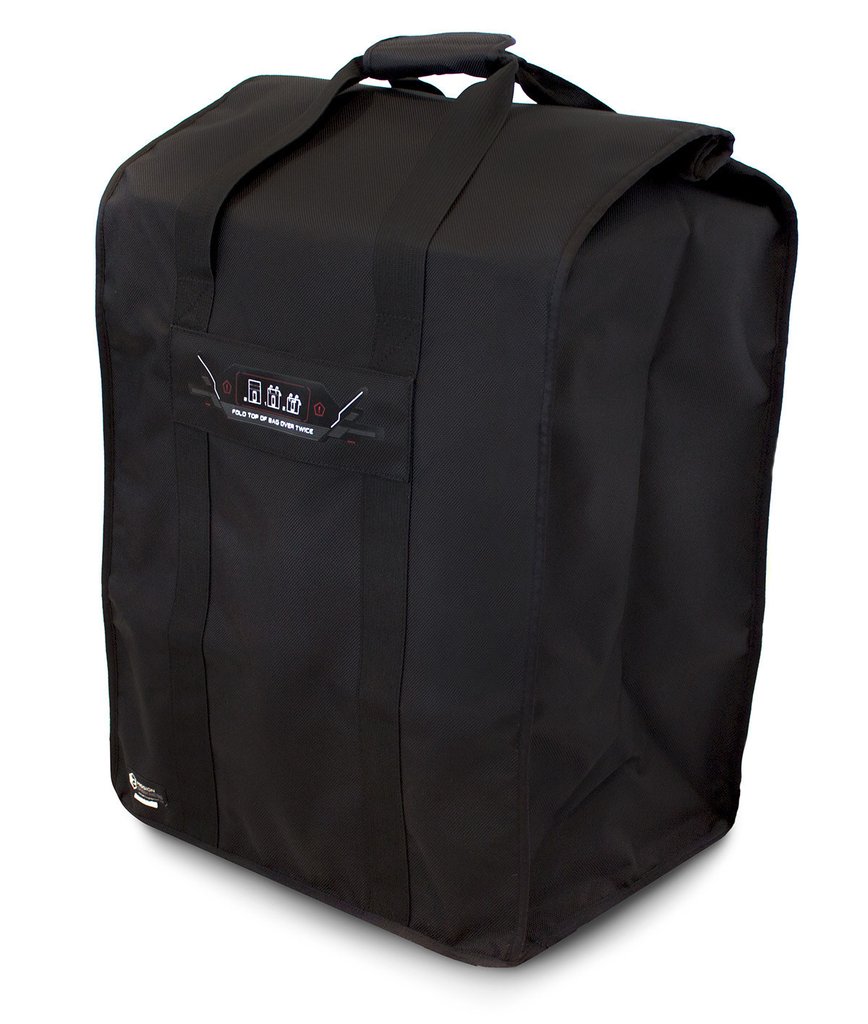 A black bag with handles and a zipper.