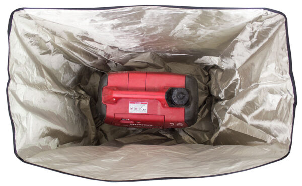 A red camera inside of a bag.