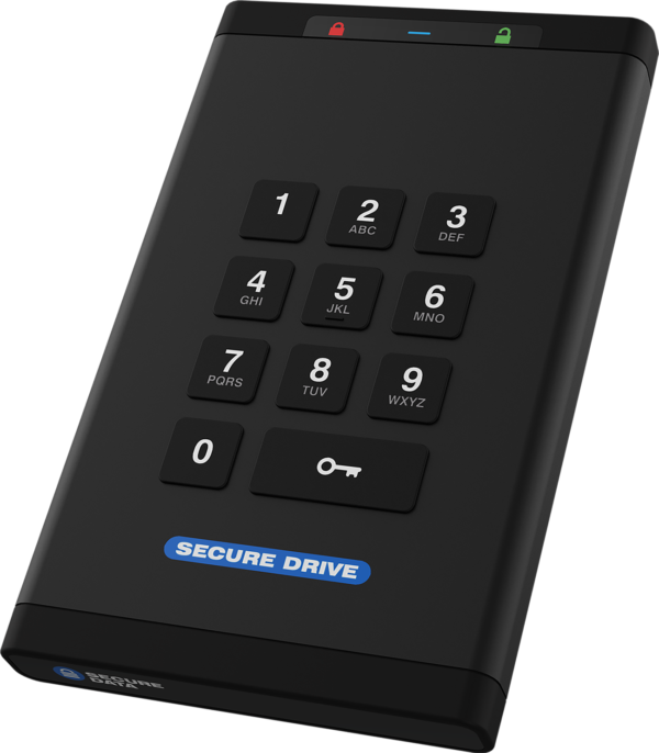 A black device with a blue secure drive button.