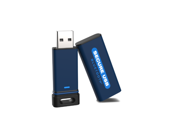 A blue and black usb flash drive with the logo of square one.