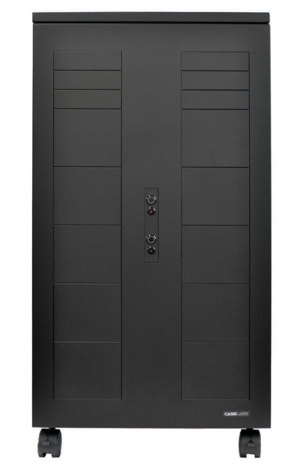 A black door with two panels and three locks.