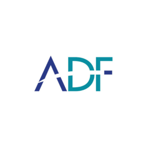 A blue and green logo of adf