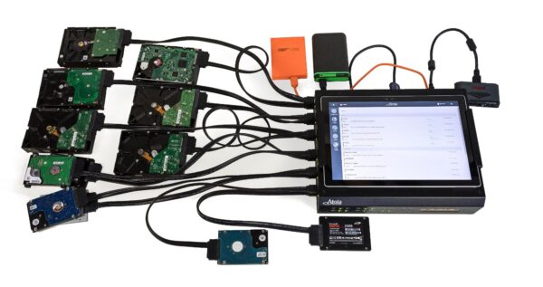 A tablet computer connected to many different devices.
