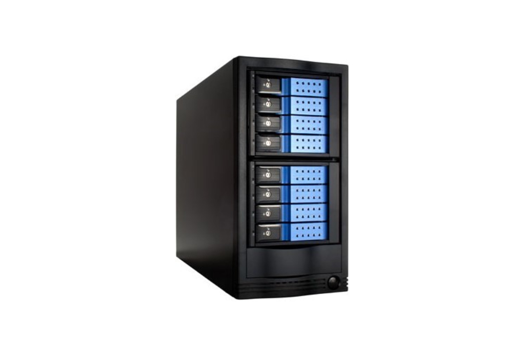A black computer tower with blue lights on it.